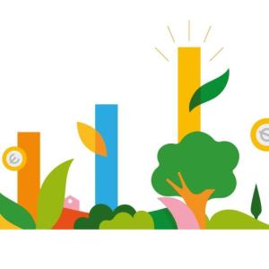 Abstract drawing of a bar graph with nature and currency symbols.