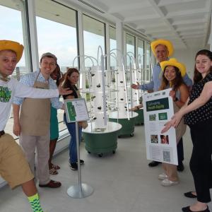 Employees and volunteers showing off the tower planters in a hallway