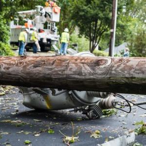 Fallen telephone pole with workers in the background