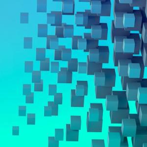 Gradient blocks becoming more densely packed to the right on a blue and green background.