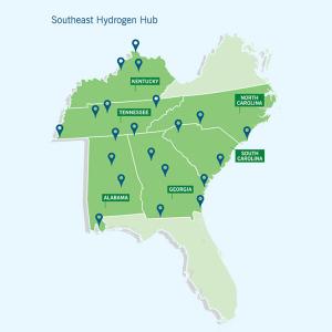 Map of southern section of the united states. Highlighted states participating in the hydrogen hub described.