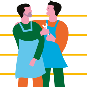 Abstract drawing of two people holding a wrench, smiling at each other.