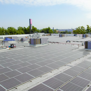 Solar panels on top of a building
