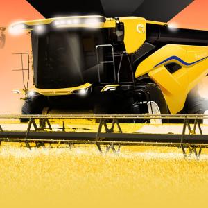 Digital rendering of a large farm machine harvesting