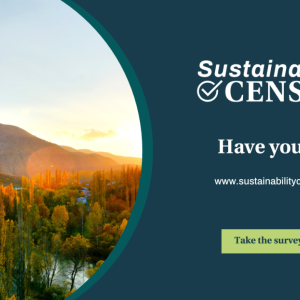 "Sustainability Census" logo "Have your say" www.sustainabilitycensus.com. Scenic mountain and forest landscape on the left.