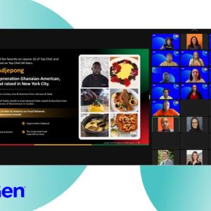 Screen shot of multiple people in a virtual meeting, a presentation on the left side.