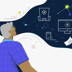 abstract image of two people looking into a constellation forming different images of technology, healthcare items and doctors