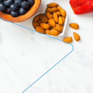 Healthy foods on a marble countertop.