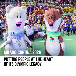 "Milano-Cortina 2026 - putting people at the heart of its olympic legacy" with mascot animals