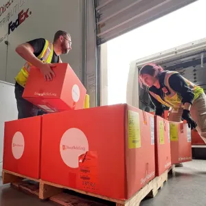 Emergency medical aid departs Direct Relief’s warehouse on Sept. 30, 2024, bound for Evara Health in Clearwater, Fla. The shipment included 23 field medic packs for care outside clinic walls and personal care items for people displaced by Hurricane Helene. (Photo by Lara Cooper/Direct Relief)