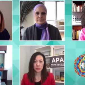 a group of five people in virtual screens, final screen has a "hispanicization" logo