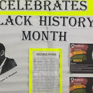 "Celebrates Black History Month" and photos of employees and famous figures.