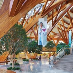 interior of exposed wooden-beamed hospital open area