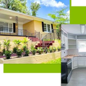 a collage of the exterior of a home and a clean, empty kitchen