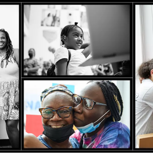 Left: Tanesha Grant with Noel Dorsett, 8, and his parents, Carl Dorsett and Melissa Ramirez. Top middle: Chanel Demorn, 6, waits for a laptop. Bottom middle: Kelly Rolan Ankoue (right), 17, with her mother, Diane Zagore. Right: Rosa Acevedo, 10, with her mother and brother, Wendy and Noah Gomez.
