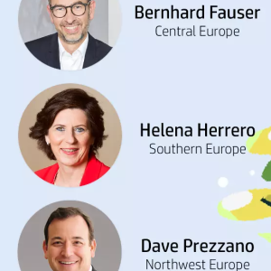 three HP managing directors photos: Bernhard Fauser (Central Europe), Helena Herrero (Southern Europe), and Dave Prezzano (Northwest Europe) 
