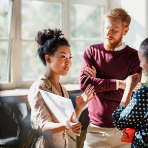 colleagues talking together 