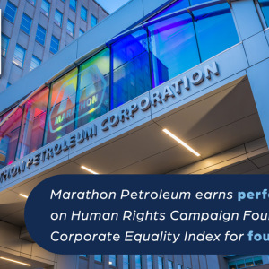 Equality 100 badge over an exterior view of a bridge between buildings lit in rainbow colors. Marathon sign on the front.