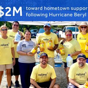 "$2M toward hometown support following Hurricane Beryl" and volunteers posed with water bottles, paper supplies.