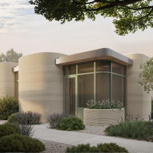 Rendering of a 3D-printed home which is all white with a large glass window.
