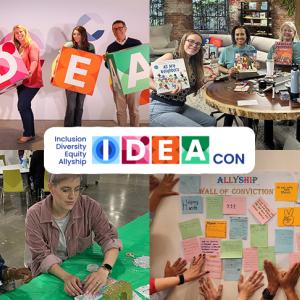 Collage of people participating in crafts, holding IDEA blocks.
