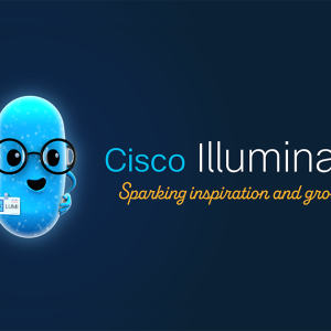 "Cisco Illuminate" A blue character with glasses waving.