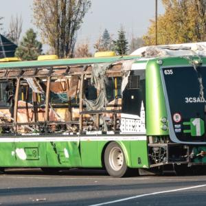 an electric bus with a burned interior