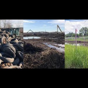 collage of three photos, left: a stack of used tires, middle: dirt with puddles, machinery in the background, Right: grass and a waterway