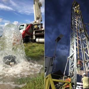 Water spouting out of a well and a large drill