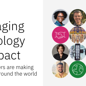 IBM "Leveraging technology for impact. See how IBMers are making a difference around the world." On the right, profiles of different people and symbols.