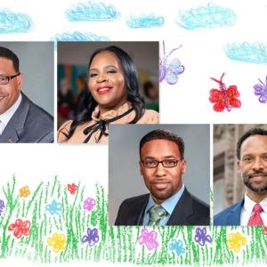 collage of 4 portraits on a background featuring a children's drawing of a meadow in bloom with butterflies