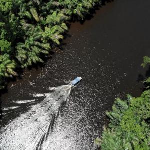 Aerial view of a boat going down a river in a forested area.