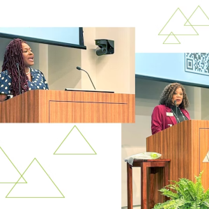 Collage including two separate speakers at a podium