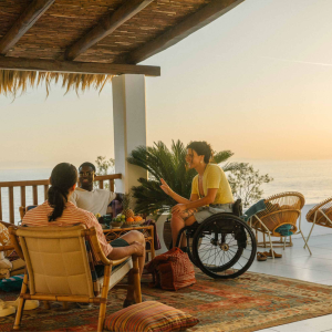 A group seated in a covered area overlooking an ocean expanse.