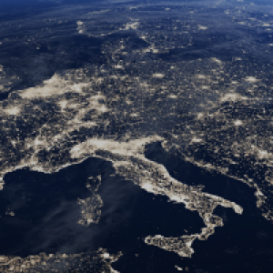 Aerial view of the Earth, focused on Europe.