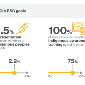 charts "our esg goals" two subjects: 3.5% representation indigenous people within our workforce, 100% of all employees to complete indigenous awareness training