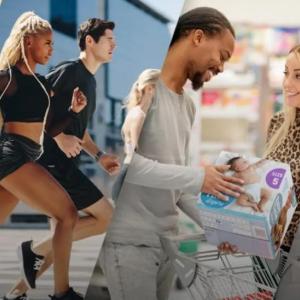 Collage of photos of people selecting products in a store, running, and a child pulling toilet paper.