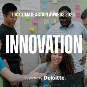 "Innovation" over a group of 5 people talking together.