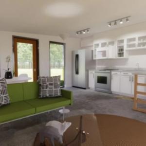 Interior of the 3D printed home. Open concept kitchen, living room, dining room in the same space.