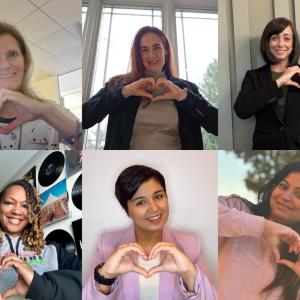 Collage of 6 people making hearts with their hands