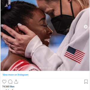 Instagram post from Cecilelandi and picture of Ceci holding Simone Biles' head in her hands.