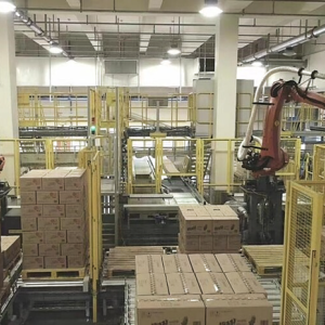 Inside a plant. Two robotic arms stacking pallets of boxes.