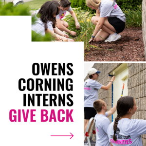 Collage of volunteers painting and gardening "Owens Corning Interns Give Back".