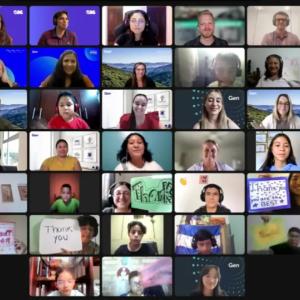 A large virtual meeting with many screens of attending interns.