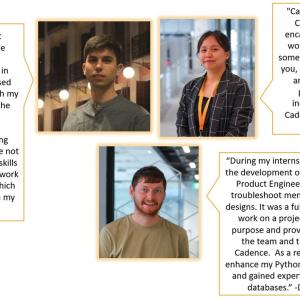 Collage of quotes and pictures of interns that became employees and their experiences.