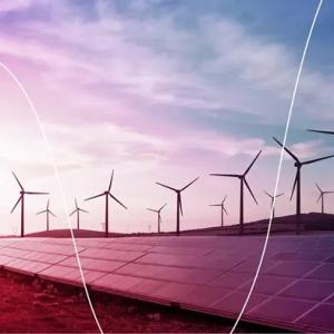 stylized image of wind turbines behind solar panels