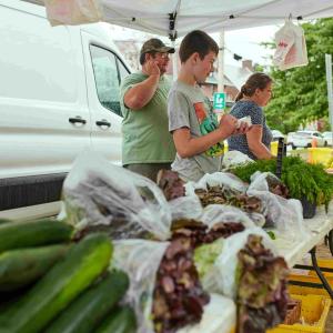 People under a tent behind tables with fresh vegetables on them