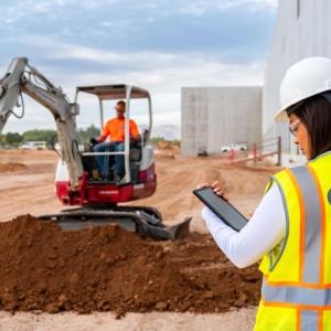 A person looking at a tablet. Another in the distance using a large digging machine.