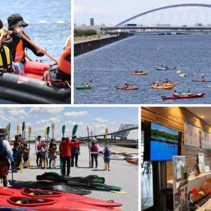 collage of four photos; a group of people in a raft paddling, a large bridge over water with kayakers, a group of kayakers on land holding paddles behind their kayaks, a group of people inside a museum type setting, an old kayak on display