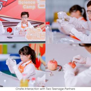 A collage of four images of children in protective lab gear doing an experiment with apples and liquids.